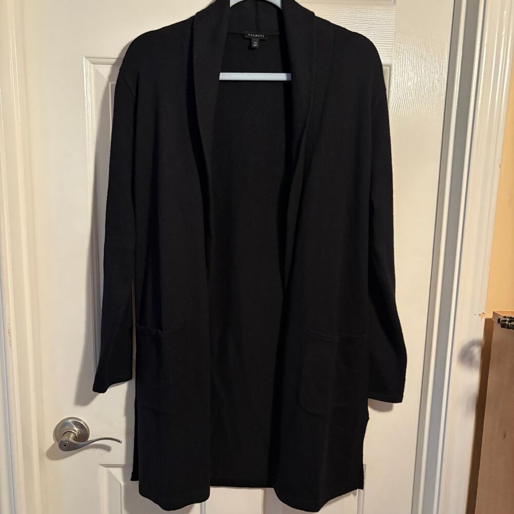 Talbots Black Open Front Long Cardigan Sweater XS Pockets Cotton Blend - Picture 3 of 6